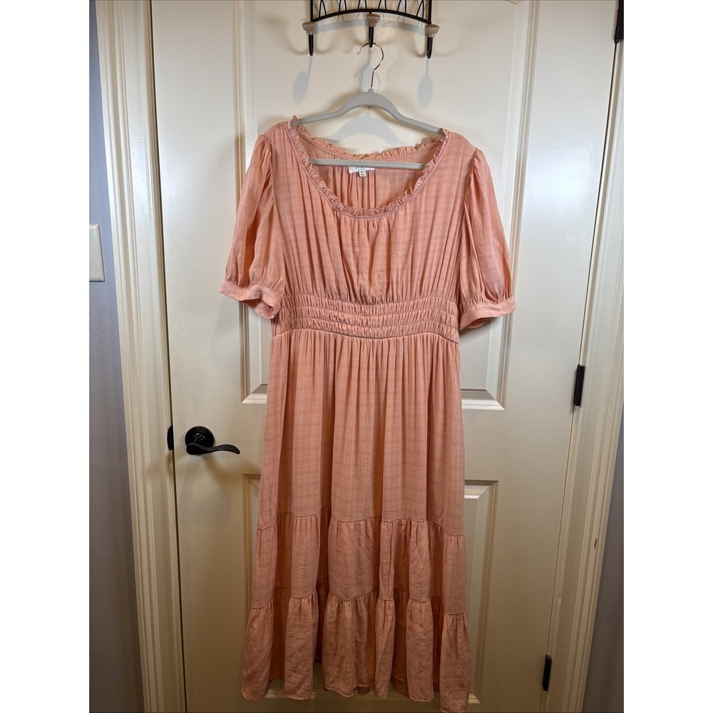 Umgee Boho Soft Peach/Blush Tiered Midi Dress 1XL Cottage Romantic Fairy Pockets